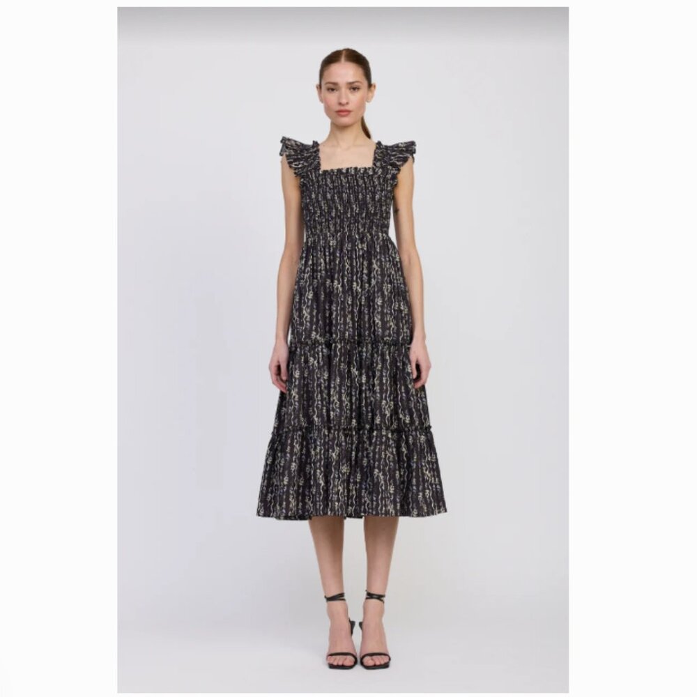 En Saison Anthropologie Cotton Tiered Midi Dress black Ribbon/Floral Print sz M